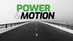 Power & Motion logo over bridge Power & Motion logo over bridge