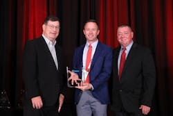 Brian Mueller and Mike Suttenberg, Assembly and Welding, district sales engineers at Emerson, accept the 2021 Big IDEA! Award from Bob Vavra, senior content director for Machine Design and Hydraulics & Pneumatics, at the IDEA! Conference Nov. 10 in Cleveland. Brian Mueller and Mike Suttenberg, Assembly and Welding, district sales engineers at Emerson, accept the 2021 Big IDEA! Award from Bob Vavra, senior content director for Machine Design and Hydraulics & Pneumatics, at the IDEA! Conference Nov. 10 in Cleveland.