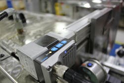 With the EPCS, shown here, and other units in the SMS series, commissioning two-position functionality is accomplished via onboard push buttons with no additional software needed. The cylinder’s IO-Link capability provides diagnostic feedback. With the EPCS, shown here, and other units in the SMS series, commissioning two-position functionality is accomplished via onboard push buttons with no additional software needed. The cylinder’s IO-Link capability provides diagnostic feedback.