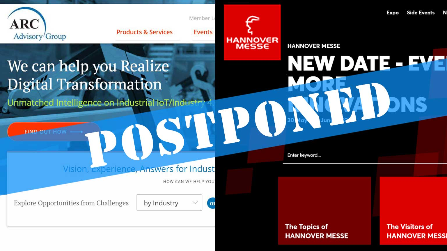 ARC and Hannover Messe homepage screenshots with cancelled banner