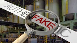 Industrial lubricating oil tank with magnifying glass checking authenticity Industrial lubricating oil tank with magnifying glass checking authenticity