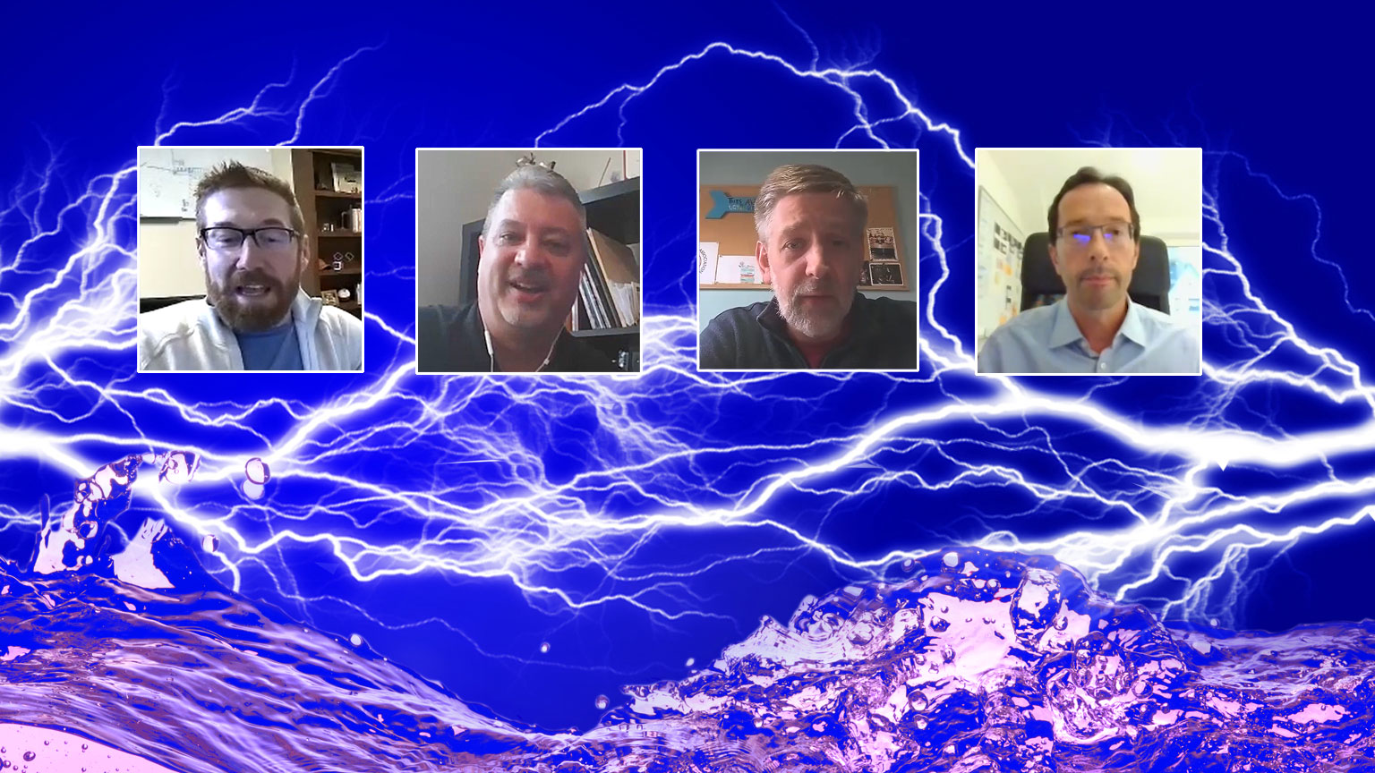 Water superimposed with electricity and industry expert headshots