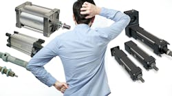 Man deciding between pneumatic cylinders and electric rod actuators Man deciding between pneumatic cylinders and electric rod actuators
