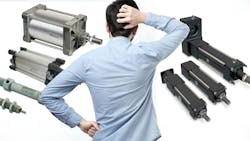 Man deciding between pneumatic cylinders and electric rod actuators Man deciding between pneumatic cylinders and electric rod actuators