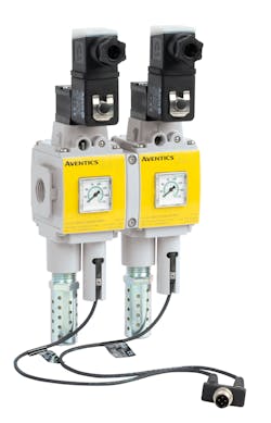 Redundant safety valves, such as these Aventics Series 652 and Series 653 air preparation devices from Emerson, satisfy standards without affecting productivity.