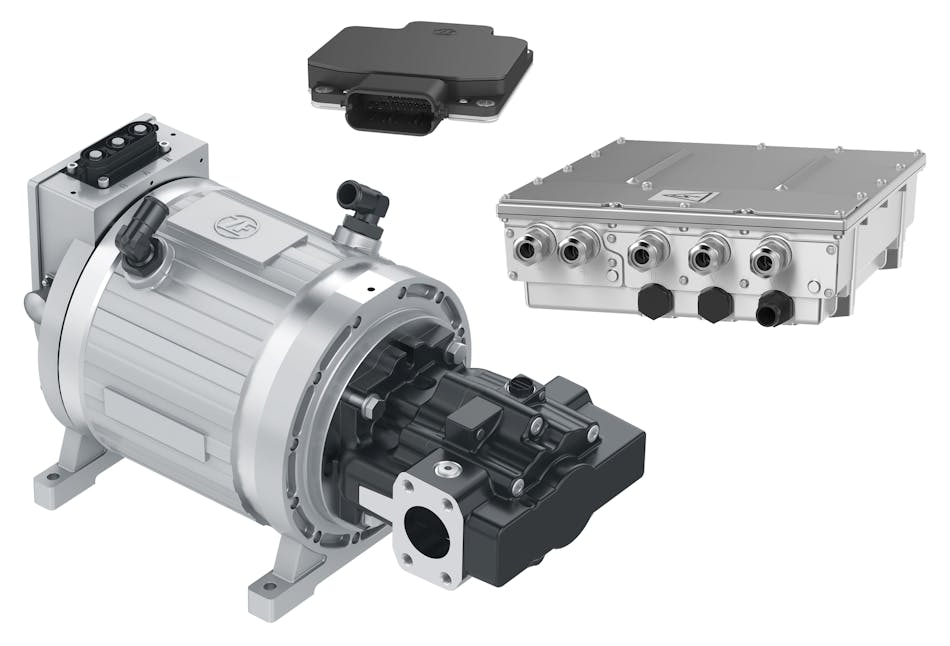 ZF&rsquo;s eWorX system features a control unit, power electronics and electric motor with optional hydraulic pump.