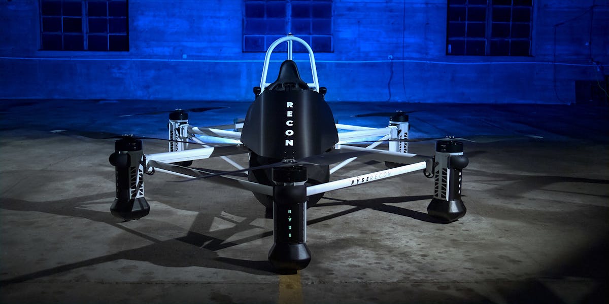 The RYSE RECON is an electric vertical takeoff and landing (eVTOL) platform with batteries which can be easily swapped and recharged as necessary.