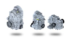 The compact Rexroth eLION gearboxes for the electrification of mobile machines are available in a 2-speed version (eGFZ 9200, left) and in a 1-speed version (eGFZ 9100, right, shown in two possible configuration options) for a wide range of applications. The compact Rexroth eLION gearboxes for the electrification of mobile machines are available in a 2-speed version (eGFZ 9200, left) and in a 1-speed version (eGFZ 9100, right, shown in two possible configuration options) for a wide range of applications.