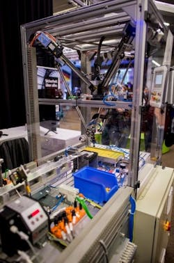 The design of igus' 3-axis delta robot is ideal for pick and place operations, particularly for small parts. The design of igus' 3-axis delta robot is ideal for pick and place operations, particularly for small parts.