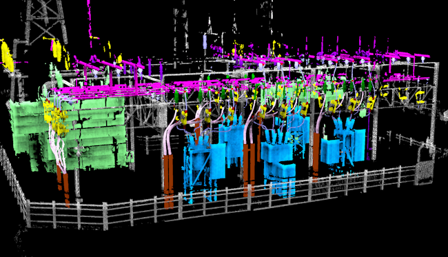 A classified lidar point cloud of substation assets viewed from the robot platform.
