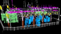A classified lidar point cloud of substation assets viewed from the robot platform. A classified lidar point cloud of substation assets viewed from the robot platform.