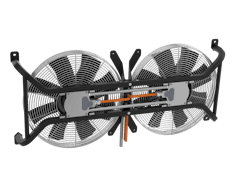 The high-voltage cooling system consists of a fan, a motor to drive the fan, and an inverter for converting electrical current, as well as mounting rails. The high-voltage cooling system consists of a fan, a motor to drive the fan, and an inverter for converting electrical current, as well as mounting rails.