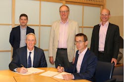 Executives from The Lee Company, LEE Ventus (formerly TPP Ventus Ltd. ) and TPP Group sign the agreement making LEE Ventus part of The Lee Company. Shown are (left to right) Bill Lee, president and CEO of The Lee Company Inc., Tom Harrison, managing director of the newly named LEE Ventus Ltd., and from the TPP Group Keith Haddow, financial director, Sam Hyde, CEO, and James McCrone, head of business operations.