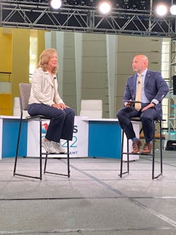 Kicking off Day 2 at IMTS: Barbara Humpton, CEO and president, Siemens USA (left) in conversation with Tim Shinbara, CTO, AMT - The Association For Manufacturing Technology. Kicking off Day 2 at IMTS: Barbara Humpton, CEO and president, Siemens USA (left) in conversation with Tim Shinbara, CTO, AMT - The Association For Manufacturing Technology.