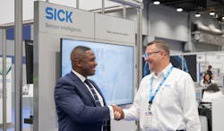 Ted Rozier, left, Festo Didactic, Director of Engineering and Brian Sellers, SICK, Industry Marketing Manager at IMTS Student Summit presenting the Safety Awareness Training Package. Ted Rozier, left, Festo Didactic, Director of Engineering and Brian Sellers, SICK, Industry Marketing Manager at IMTS Student Summit presenting the Safety Awareness Training Package.