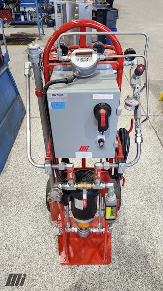 This mobile filter cart uses a VFD to allow for a larger motor and variable flow, which is important for water removal.