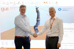 igus&apos; acquisition of Commonplace Robotics will aid further developments aimed at simplifying integration of robots into industry applications. Left: Dr. Christian Meyer, CEO of Commonplace Robotics; Right: Frank Blase, CEO and entrepreneur igus GmbH.