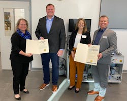 Festo Didactic has received State of Ohio proclamations for its continuing efforts to advance technology careers within Ohio. (l to r) Kim Harper-Gage, COO North America, Festo; Derek Chancellor, Southwest Ohio Regional Liaison for Lt. Governor Jon Husted; Holly Endicott, Program Administrator ApprenticeOhio; and Tony Oran, VP Sales, Festo Didactic North America.