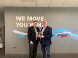 In a presentation last month, Arnold Mueller (right), vice president of Automation and Electrification for Bosch Rexroth, received the 2022 Big IDEA Award for the company&rsquo;s Hägglunds Fusion Drive System. Presenting the award was Bob Vavra, senior content director for Machine Design and Power &amp; Motion.