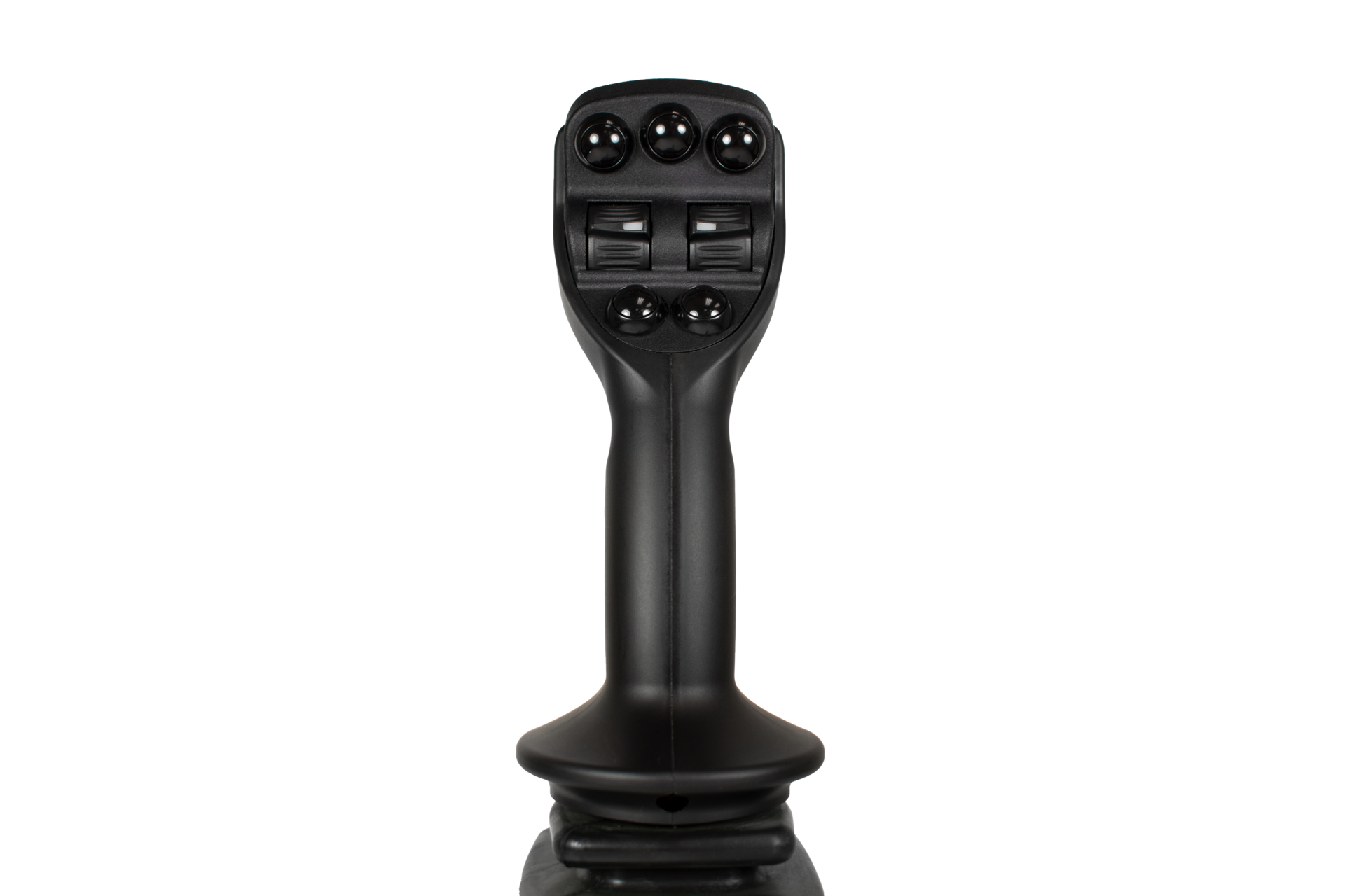 Faceplates with buttons, thumbwheels or rocker switches are among the customizable options on the Merritt Evolve joystick.