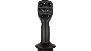 Faceplates with buttons, thumbwheels or rocker switches are among the customizable options on the Merritt Evolve joystick.