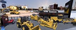 A rendering of Caterpillar&apos;s booth at CONEXPO 2023 which includes a large demonstration arena.