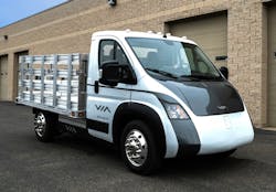 The VIA VTRUX Class 3 electric work truck features a Knapheide stake body. The VIA VTRUX Class 3 electric work truck features a Knapheide stake body.