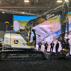 The growth of electrification in the construction equipment industry was evident at CONEXPO 2023 with OEMs like John Deere displaying their latest electric machines. Pictured is the company&apos;s 145 X-Tier fully electric excavator which was first unveiled earlier in the year at CES 2023.
