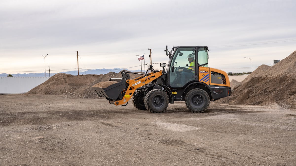 At CONEXPO, CASE was among the OEMs to unveil new electric-powered construction equipment. Pictured is the company&apos;s new CL36EV electrified compact wheel loader.