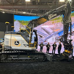 Advancements in technology are improving performance of electric construction equipment and helping expand the machine types available. Pictured is John Deere&apos;s 145 X-Tier electric excavator, first unveiled at CES 2023 and displayed a couple of months later at CONEXPO 2023.
