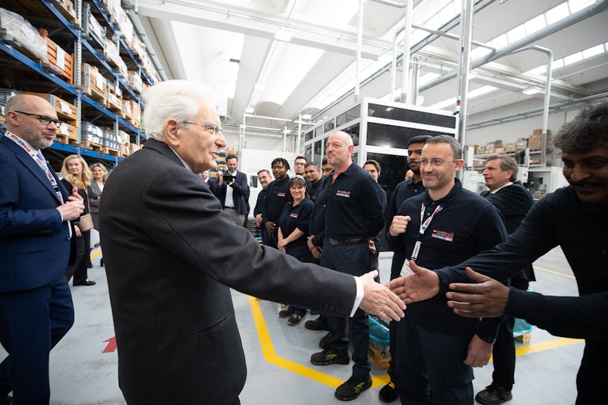 Walvoil employees welcome President Mattarella to the company&apos;s facility which he toured during Labour Day celebrations in Italy.