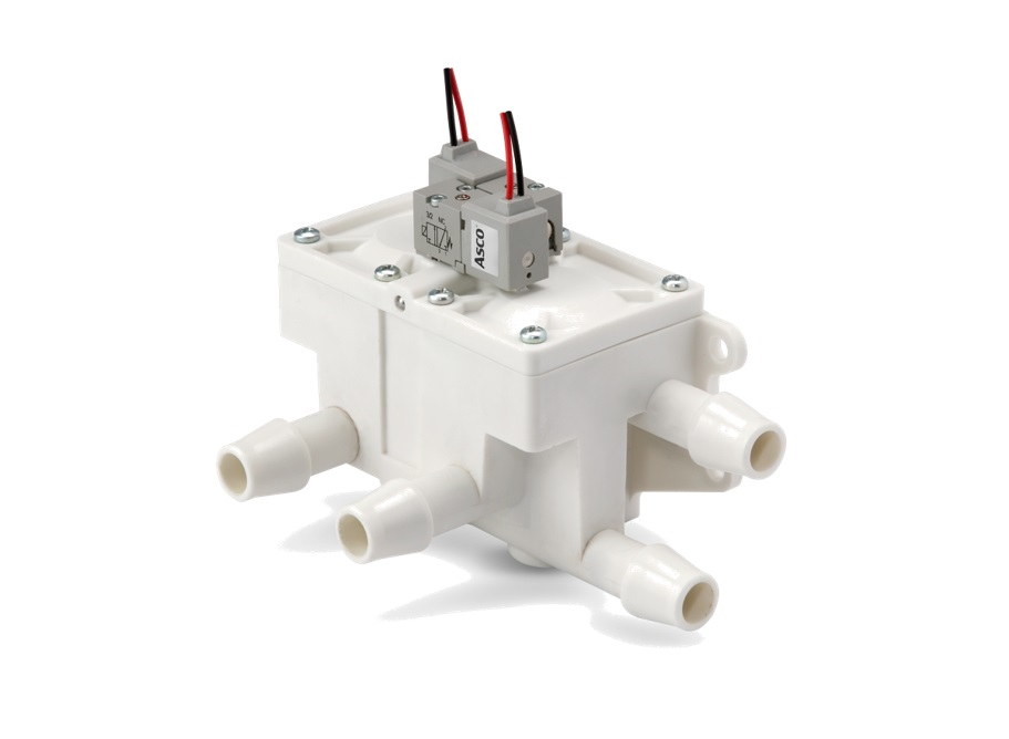 The ASCO Series 588 Stationary Oxygen Concentrator Manifold features a compact, integrated design for easy installation into medical devices.