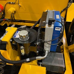 Integration of the Cyclone Reservoir on an Etnyre tow-behind machine reduces space claim and the amount of oil that would need to be disposed of during maintenance. Integration of the Cyclone Reservoir on an Etnyre tow-behind machine reduces space claim and the amount of oil that would need to be disposed of during maintenance.