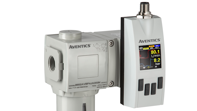 The AVENTICS Series AF2 Flow Sensor from Emerson detects air leaks to help reduce compressed air consumption.