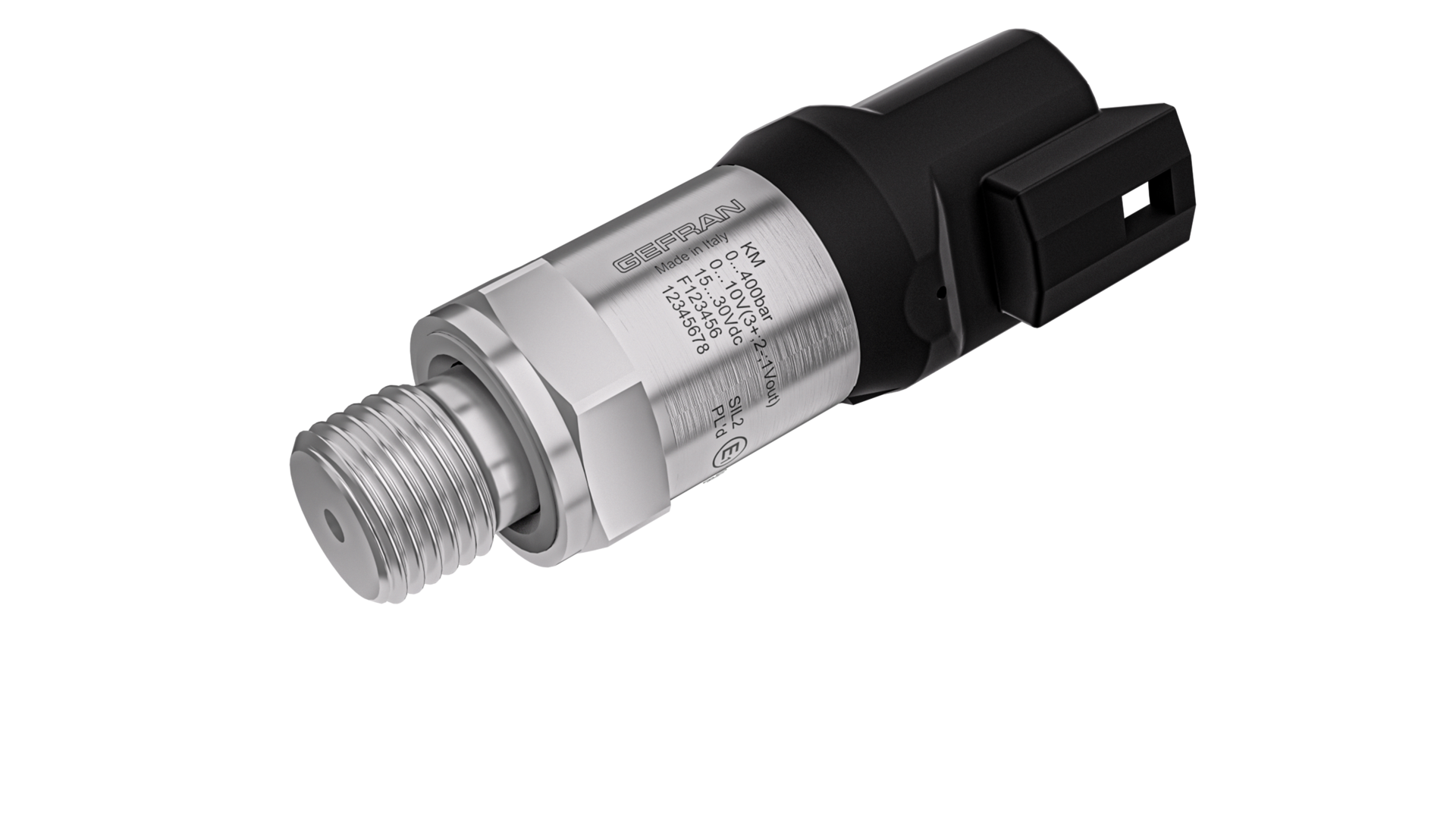 The KM industrial pressure transducer is available in pressure range options of up to 14,500 psi (1,000 bar).