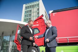 Torben Christensen, Chief Sustainability Officer and Head of Global Services at Danfoss (left) receives the keys for the first Volvo electric trucks Danfoss will use at its sites in Denmark from Peter Ericson, Managing Director of Volvo Denmark. Torben Christensen, Chief Sustainability Officer and Head of Global Services at Danfoss (left) receives the keys for the first Volvo electric trucks Danfoss will use at its sites in Denmark from Peter Ericson, Managing Director of Volvo Denmark.