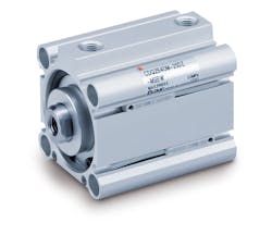 Compact pneumatic components, like the pictured CQ2 Series Cylinder, can help manufacturers meet sustainability goals by using less material.