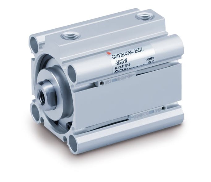 Compact pneumatic components, like the pictured CQ2 Series Cylinder, can help manufacturers meet sustainability goals by using less material. can help