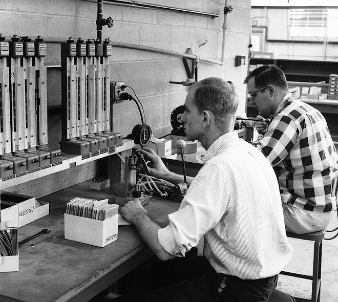 A testing station at The Lee Company in the 1960s where engineers worked to ensure the company&apos;s products would perform as desired in customers&apos; fluid power systems.