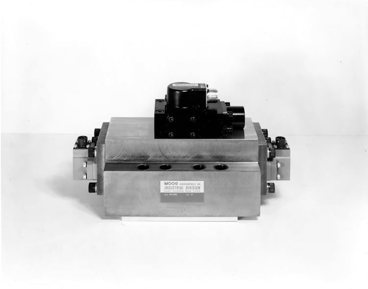The Moog servo valve was developed in the early 1950s and helped revolutionize the aerospace industry by facilitating the transition from manual, mechanical control to precise hydraulic control through electronic signals.