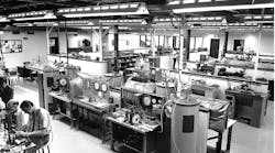 A room full of testing stations at The Lee Company in the 1960s aided product development for the fluid power industry. A room full of testing stations at The Lee Company in the 1960s aided product development for the fluid power industry.
