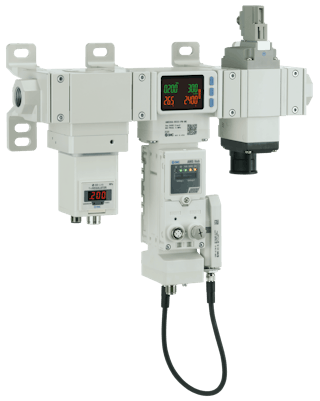 Figure 1: The electropneumatic regulator on the left side of the point-of-use air management system contributes to the unit&rsquo;s control of air pressure to a machine, saving costs due to air leakage. Image courtesy of SMC.