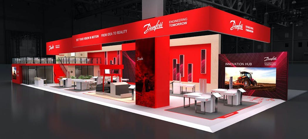 The Danfoss booth at Agritechnica showcased a range of hydraulic, electrification, autonomy and other solutions for agricultural equipment.