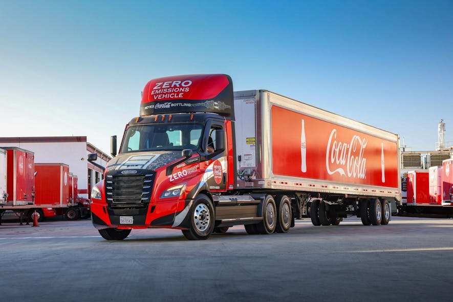 Delivery of 20 battery electric Freightliner eCascadias to a Coca-Cola bottling facility demonstrates the continued growth of electric vehicles in the trucking industry, and greater transportation industry.