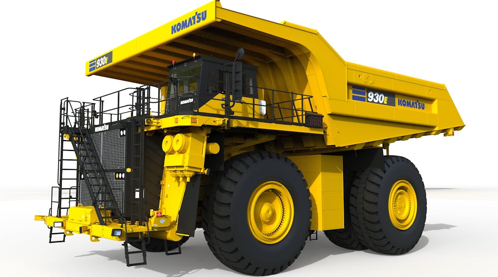 A rendering of Komatsu&apos;s 930E mining truck which will be powered by over 2 megawatts of HYDROTEC power cubes from GM.