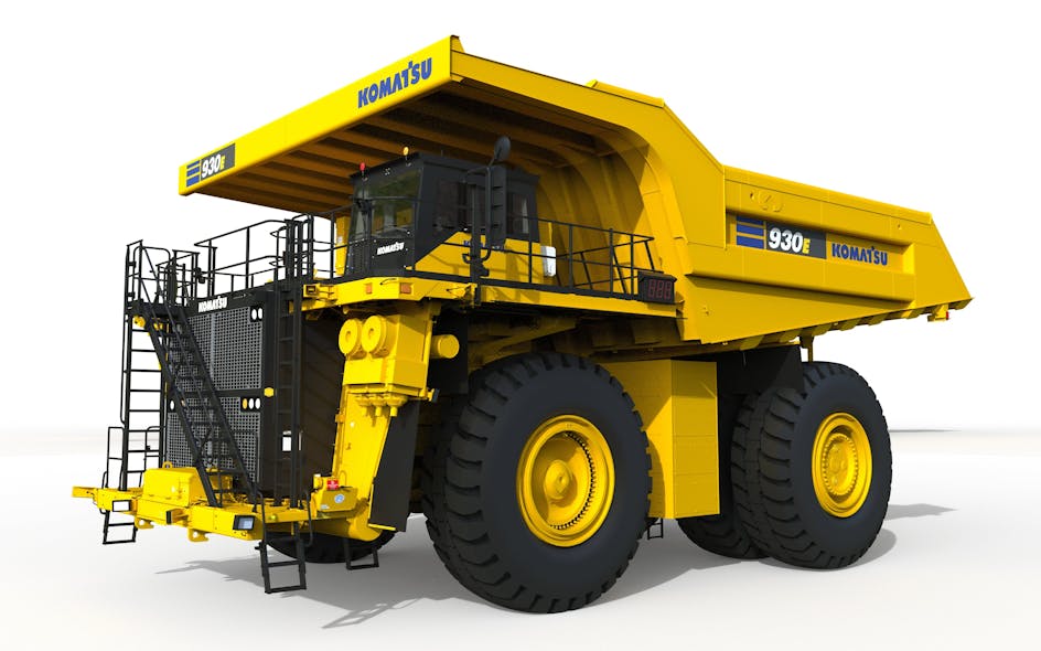 A rendering of Komatsu&apos;s 930E mining truck which will be powered by over 2 megawatts of HYDROTEC power cubes from GM.