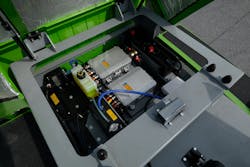 HEVI's GEL-5000 electric wheel loader is powered by a a 282 kW, 660V battery which are placed at the back of the machine. HEVI's GEL-5000 electric wheel loader is powered by a a 282 kW, 660V battery which are placed at the back of the machine.