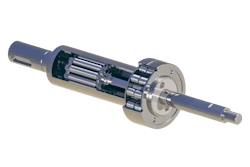 The inner race of the HRB ultra-high capacity roller bearing is integrated on the screw shaft, eliminating the need for a flange and locknut for a more compact and lightweight design. The inner race of the HRB ultra-high capacity roller bearing is integrated on the screw shaft, eliminating the need for a flange and locknut for a more compact and lightweight design.