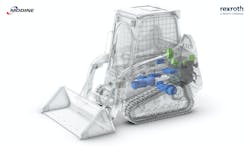 An illustration of the Modine thermal management system components (green) alongside Bosch Rexroth’s eLION technologies (blue). An illustration of the Modine thermal management system components (green) alongside Bosch Rexroth’s eLION technologies (blue).