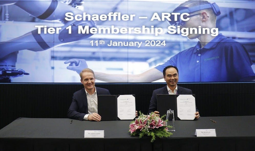 From left to right: Andreas Schick, Chief Operating Officer, Schaeffler AG, and Dr. David Low, Chief Executive Officer, ARTC, A*STAR signed the membership agreement which will see Schaeffler joining ARTC&rsquo;s industry consortium to accelerate translational research for advanced manufacturing.